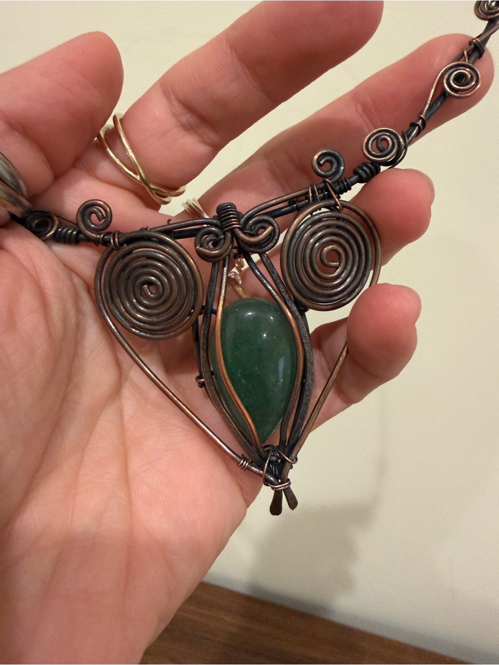 Handcrafted Copper Wire Green Adventurine Stone Pendant Necklace